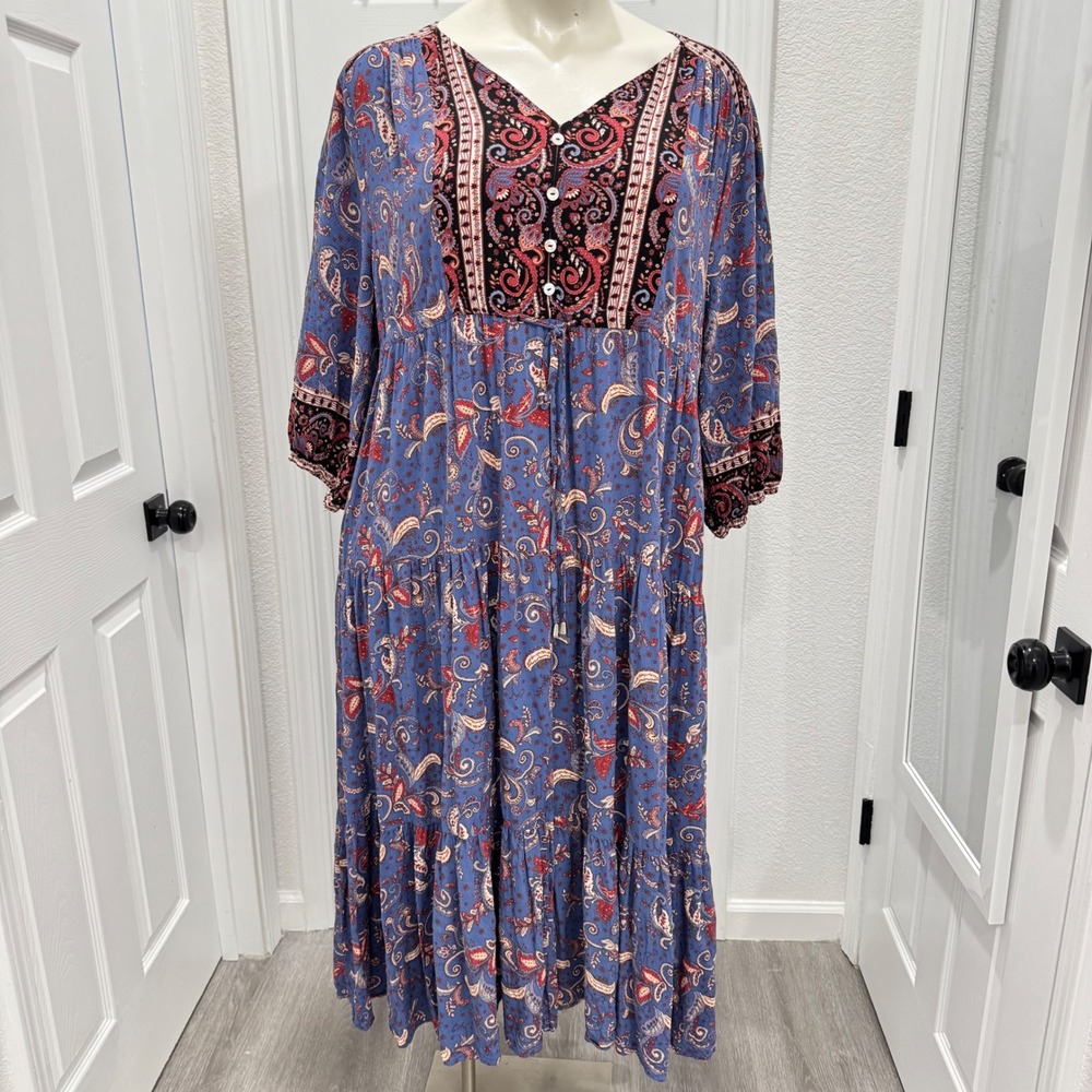 Aveology Paisley Midi Dress Blue Red Bohemian Boho Viscose Soft Breathable 4x